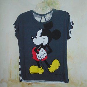Disney Women Top Medium Gray T-Shirt Graphic Mickey Mouse Back Striped Keyhole